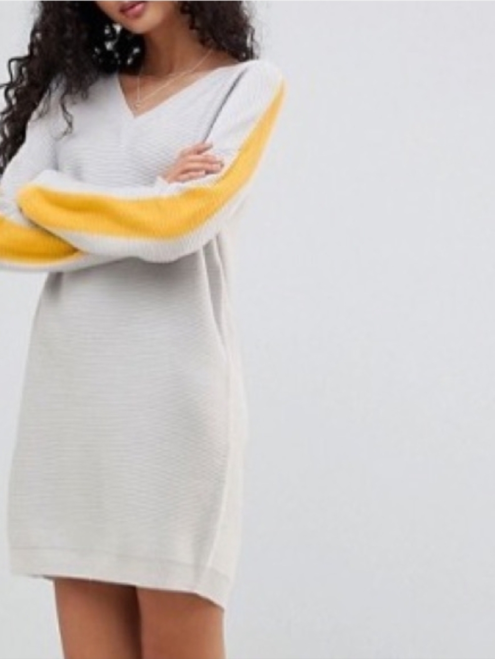 V-Neck Knit Sleeve Stripe Dress in White and Yellow - Picture 8 of 10